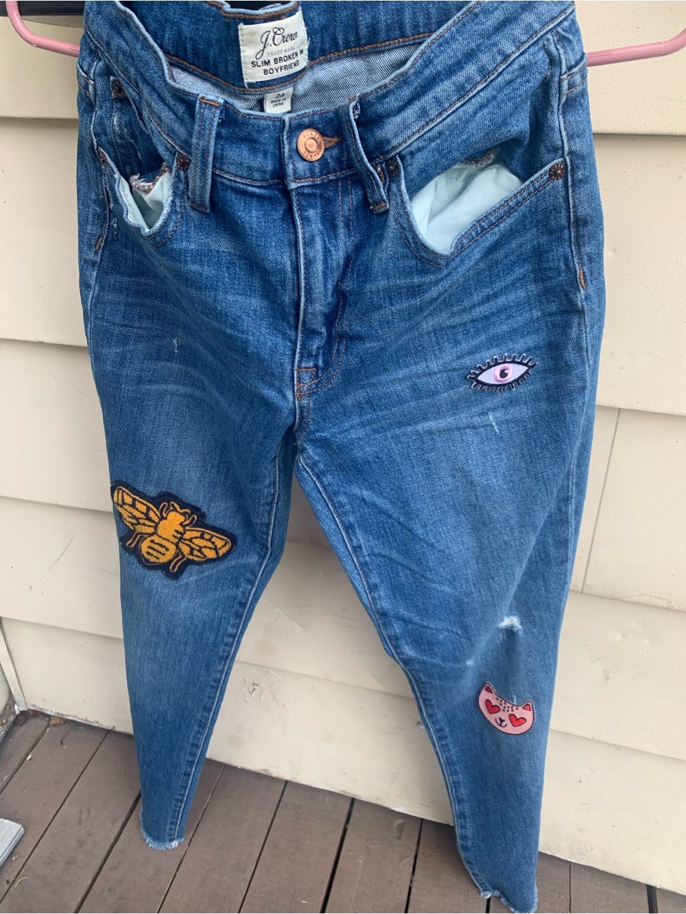 J. Crew Blue Boyfriend Jeans with Bee, Eye and Cat Patches